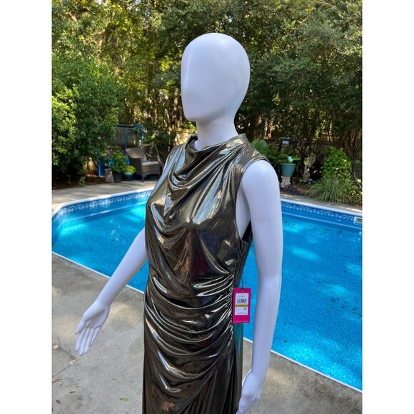 Vince Camuto Gold Metallic Draped Sleeveless Midi Dress Size 14 New With Tags Wo - Picture 5 of 12